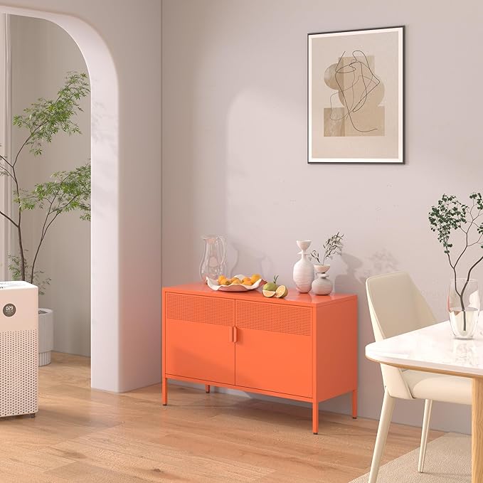 2 Door Accent Cabinet,Orange Metal Storage Cabinet with Adjustable Shelf,2-Tier Shelf,Multipurpose Metal Locker Storage for Office Home,Music Studio (Orange)