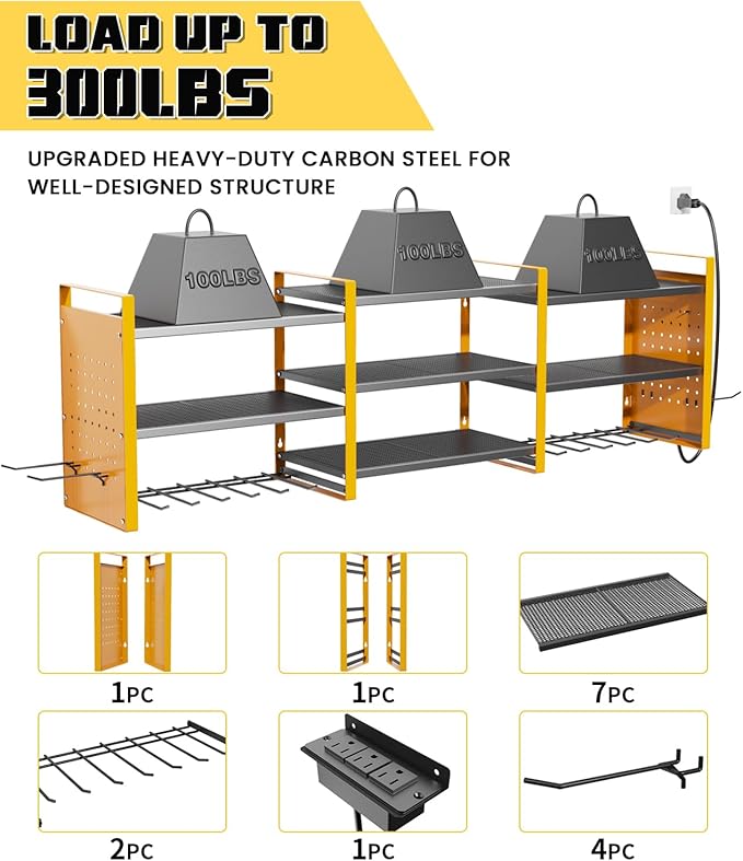 Heavy-Duty 48" Wall Mount Power Tool Organizer with Charging Station – 3-Tier Garage Organization Rack for Drills, Wrenches & Tools – Includes 16 Hooks & Pegboard Sides