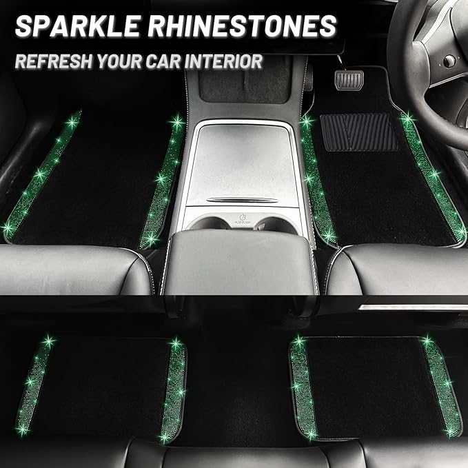 NBTEPEM Bling Car Floor Mats Full Set, Universal Fit Most Cars,SUV, Trucks, 4 pcs Sparkle Glitter Diamond Carpet for Women Girls with Anti-Slip Pad (Green Diamond)