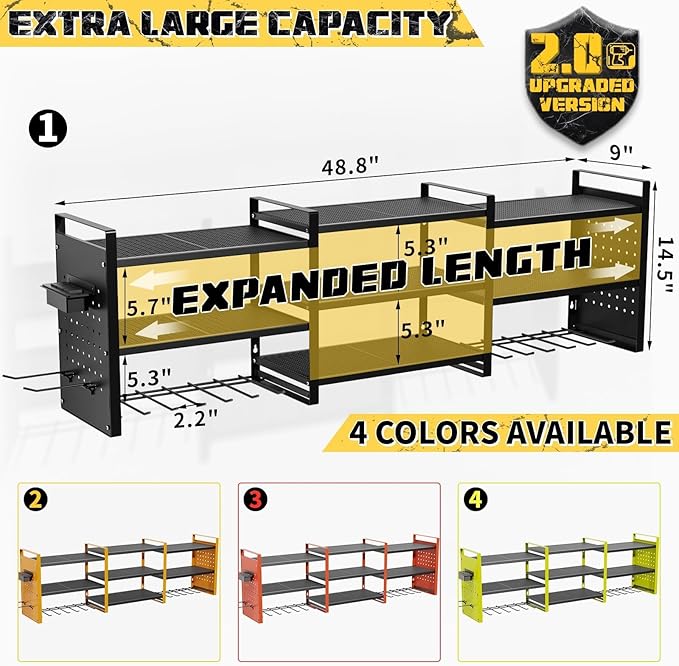 Power Tool Organizer with Charging Station Wall Mount, 3 Layer Expanded Heavy Duty Garage Organization, 48.8 Inch Length Garage Tool Storage, 4 Drill Slot, 16" Standard Hole, Black