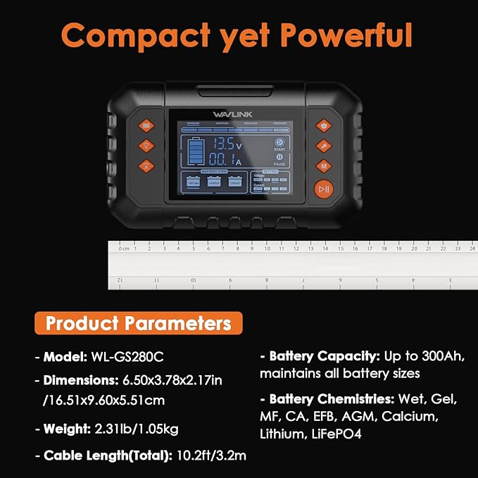 WAVLINK Smart Battery Charger, 20-Amp, Car Battery Charger with LCD Display, for 6V/12V/24V Lead-Acid/Lithium/LiFePO4 Batteries, Trickle Battery Maintainer and Desulfurizer for Car, Boat, Motorcycles