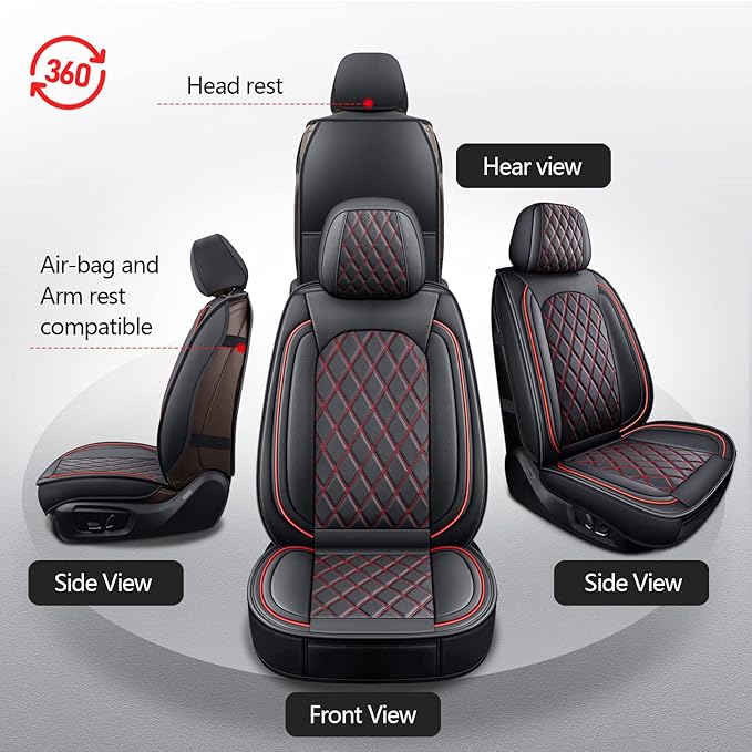 MIROZO Front Ram Seat Covers,2PCS Leather Dodge Ram Seat Covers Compatible with 2009-2025 RAM 1500 2500 3500 Truck Pickup Crew Quad Cab (2PCS Front,Black and Red)