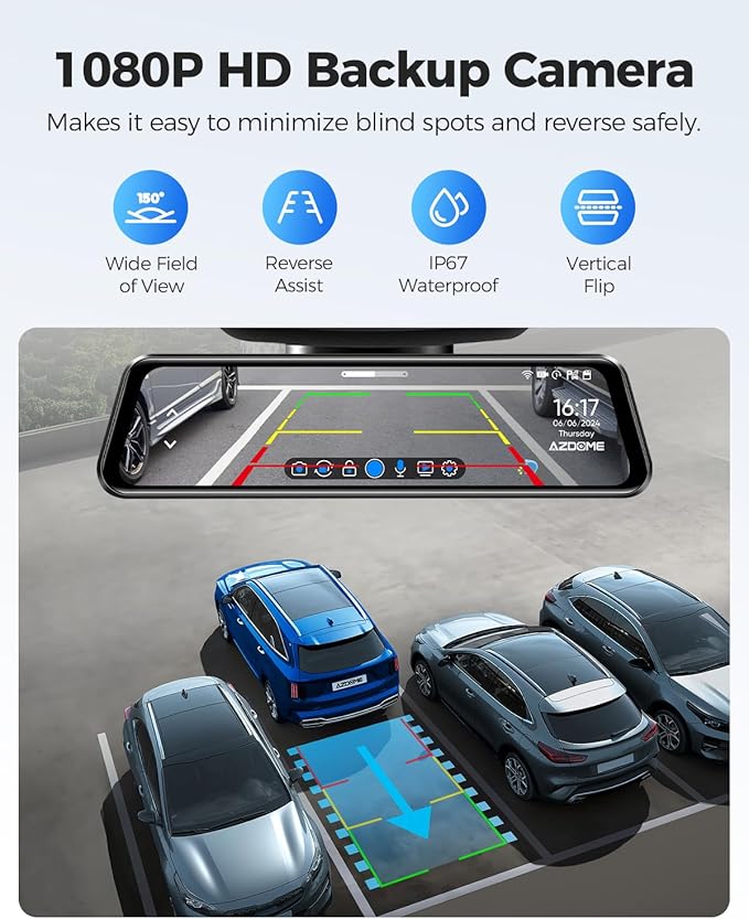 AZDOME PG17 12" 4K Mirror Dash Cam Front and Rear, Wi-Fi 6 Rear View Mirror Camera with 64GB Card, Voice Control Dash Camera for Car, Rearview Mirror Camera with GPS Night Vision Parking Assistance