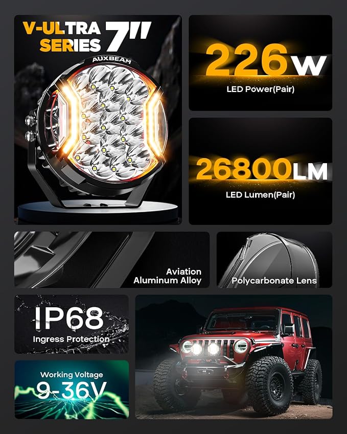 Auxbeam V-Ultra Series 7 Inch Round Off-Road Lights, Amber DRL Light Bar, 270 Degree Side Shooter LED Pods, 226W 26800LM Offroad Driving Lights with Protective Covers, Pair