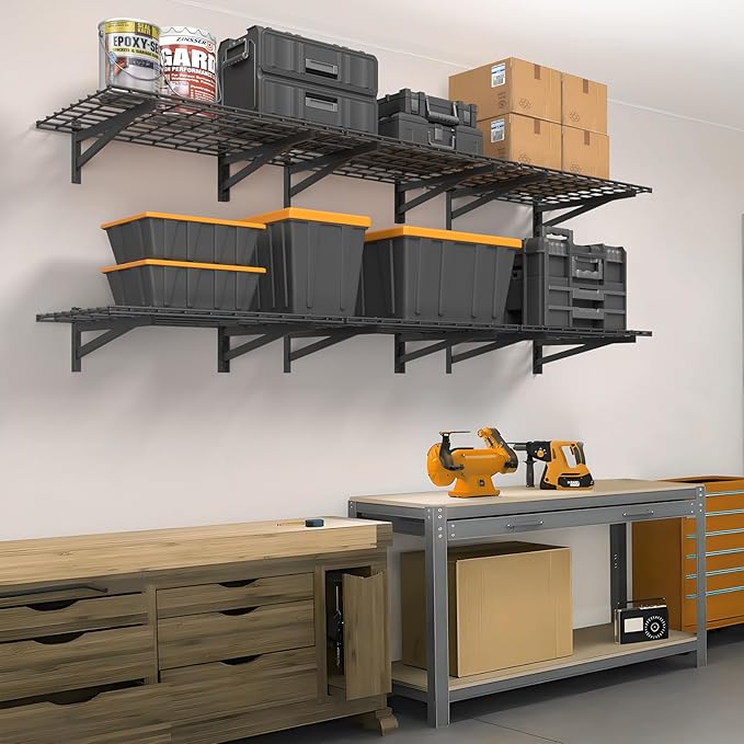 2 Pack Heavy Duty Garage Wall Shelving Set (1x4ft), Wall Mounted Garage Shelves 500lbs Capacity, 12"x48" Shelf Storage Rack Floating Shelves, Black