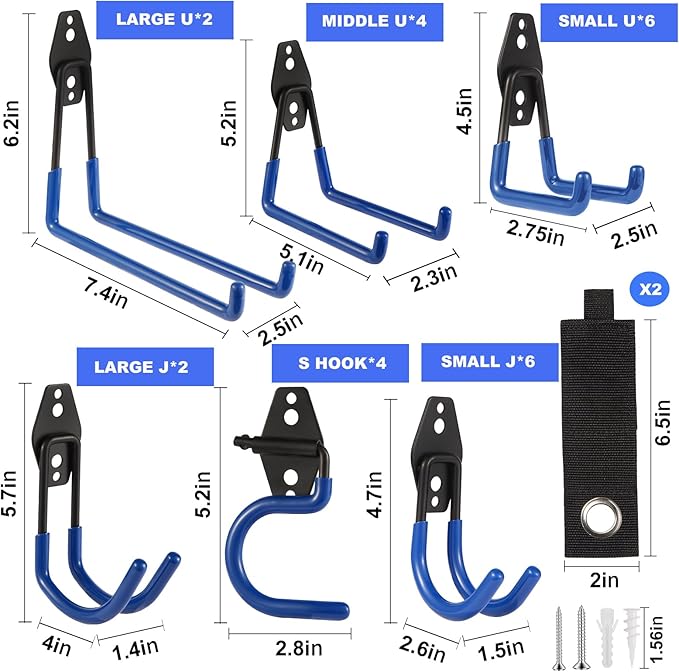Garage Hook Heavy Duty Wall Storage Hangers, 26 Pack Garage Storage Hooks Steel Tool Blue for Ladders, Ropes, Garden Tools