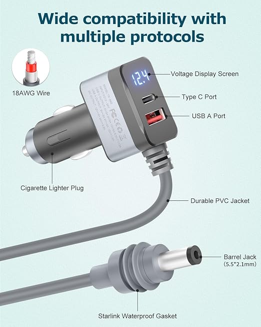 3 in 1 Starlink Mini Cable 12V Adapter 10FT Car Charger for Starlink Mini Power Cable Cigarette Lighter Adapter DC 12V-24V with Digital Display, Durable USB C PD 36W and USB A 18W Port Gray 18AWG 3M