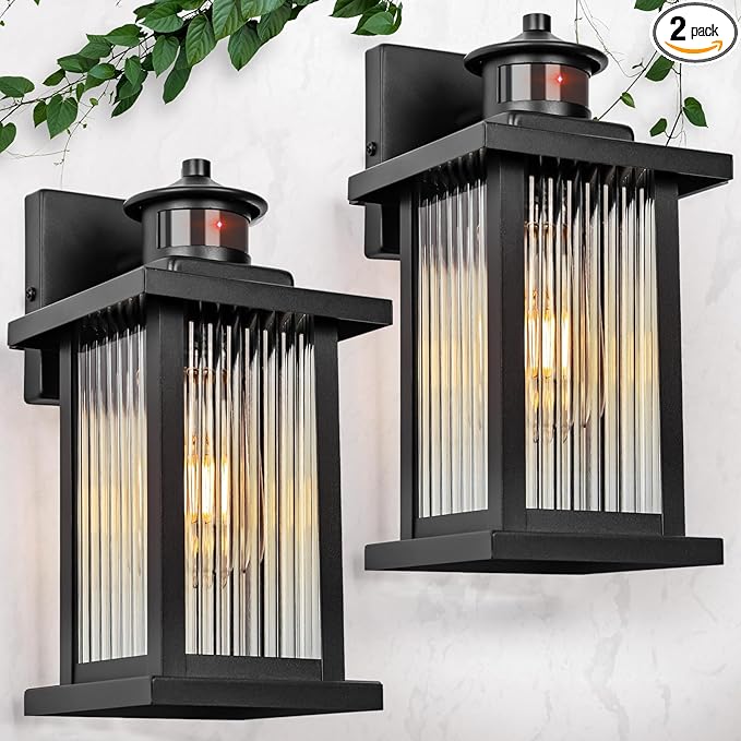 Porch Lights Outdoor Motion Sensor 2 Packs, Black Dawn to Dusk Outdoor Wall Light Fixture, Exterior Motion Sensor Light with Glass Shade, Rust Proof Motion Sensing Front Porch Light
