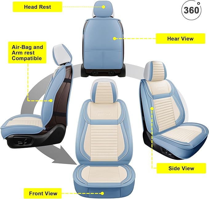 LINGVIDO Universal Car Seat Cover, Breathable and Waterproof Faux Leather Automotive Seat Covers for Cars SUV Sedan (Front seat, White & Light Blue)