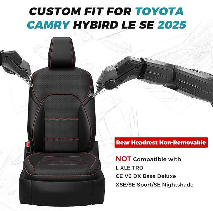 for Toyota Camry Seat Covers LE SE 2025 - Custom Fit Car Seat Covers Full Set, Leather Seat Covers for Cars, Waterproof Car Seat Cover, Black Red