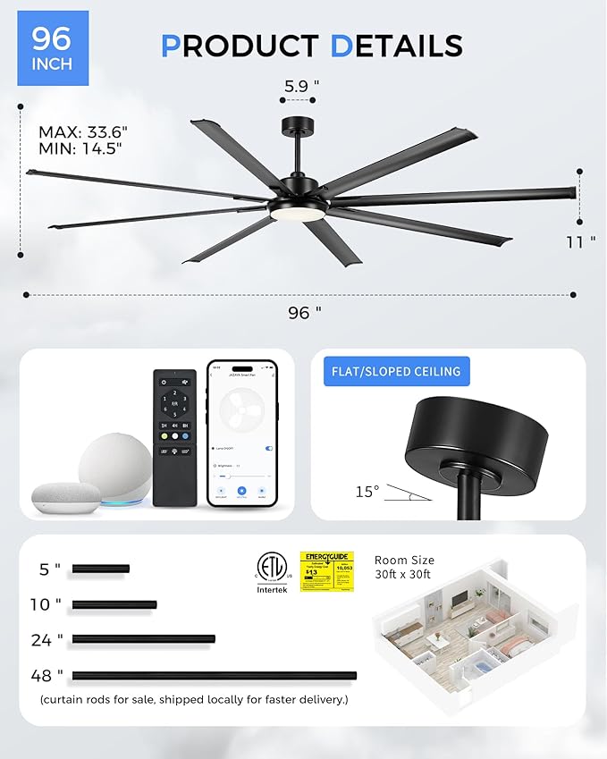 96-Inch Industrial Ceiling Fan with Lights and Remote - Extra Large Indoor/Outdoor Fan with 8 Aluminium Blades,Smart Fan Works with Voice Control,Model:ZCCF04BK-96