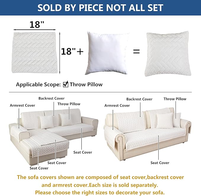 Eismodra Throw Pillows,Couch Cover,Sofa Cover,Sectional Couch Covers for 3 Cushion Couch,Sofa Slipcovers for Dogs Cats Pet Loveseat Recliner Leather L Shaped,White 18 x 18 Inches (Only 1 Piece)