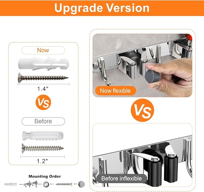 Mop and Broom Holder Wall Mount, Upgraded Broom Organizer Wall Mount, Stainless Steel Broom Hanger Wall Mount for Home Kitchen Garden Laundry Garage (4 Racks with 5 Hooks Silver)