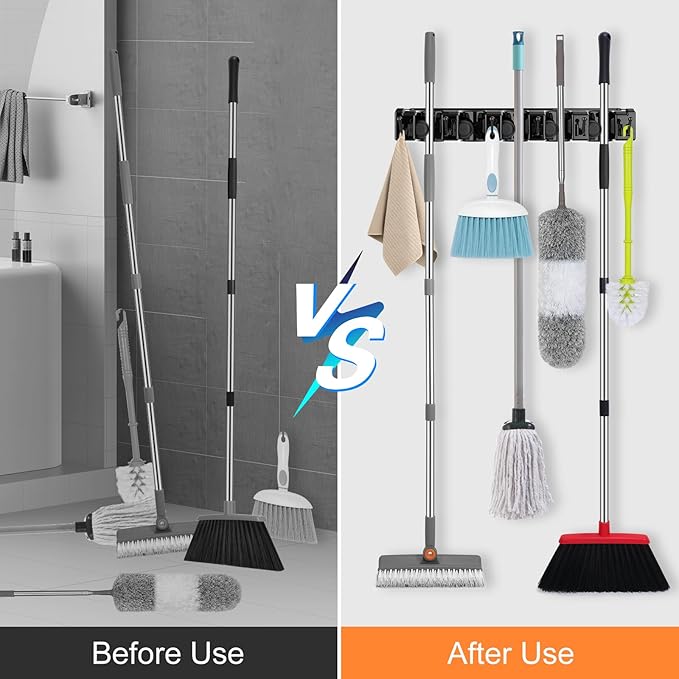 nacena Broom Holder Wall Mount, 2 Packs Black Wall Hanging Garden Tool & Utility Closet Organizer Mop & Broom Hook Wall Mounted Heavy Duty Broom and Mop Organizer Wall Hanging for Bathroom, garage