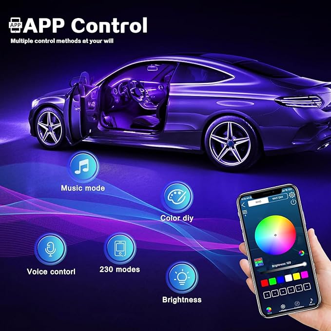 Acrylic Interior Car LED Strip Light with Wireless APP, Car Accessories 6 in 1 with 175 inches 593 LEDs Fiber Optic Ambient Lighting Kits, RGB Dynamic Music Sync Neon LED Strip Light for Car