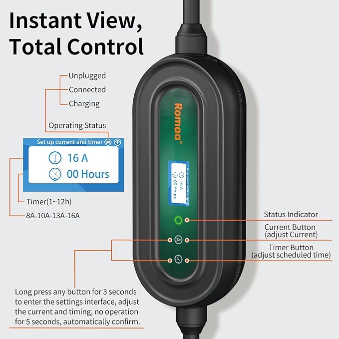 Level 1&2 Portable EV Charger (APP Control & Timer), Adjustable 8-16A 110V-240V, Dual Plugs: NEMA 6-20 & 5-15, 25FT Charging Cable w/ J1772 Connector, ETL/FCC Certified for All EVs/PHEVs