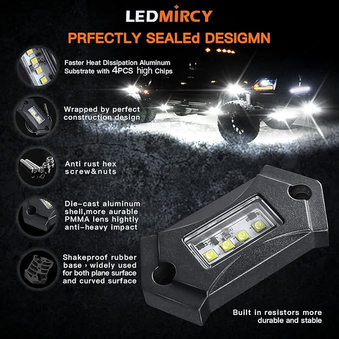 White Rock Lights,LEDMIRCY R3 Pure White LED Rock Lights Kit 16PCS with Switch Wire Harness for Trucks Off Road ATV UTV SUV RZR High Power Under Body Light Waterproof Shockproof Trail Rig Light