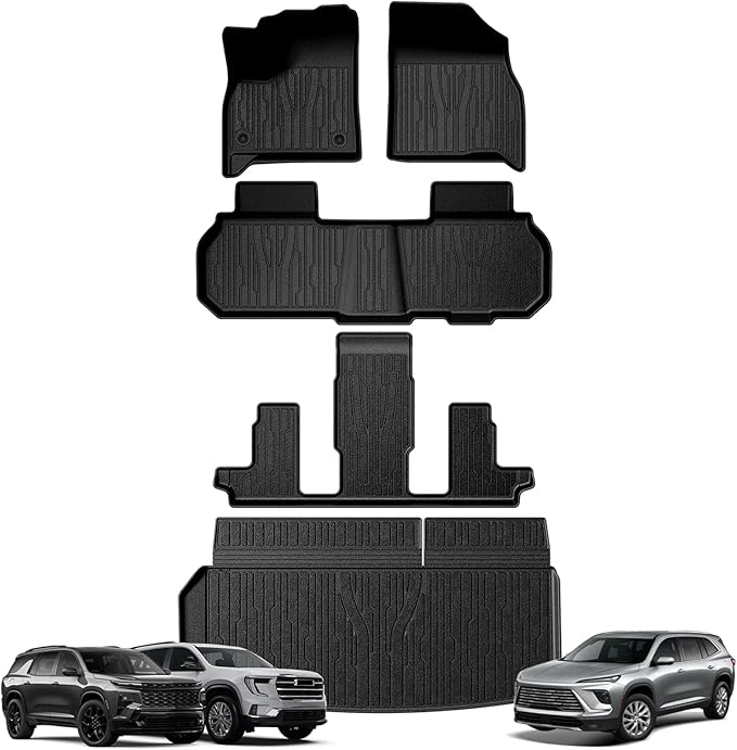 TripleAliners Floor Mats&Trunk Mat All Weather Car Liners Compatible with 2024+GMC Acadia/Chevy Traverse&2025 Buick Enclave Accessories TPE Custom Fit Full Set Liners Protection(Floor Mats+Trunk Mat)