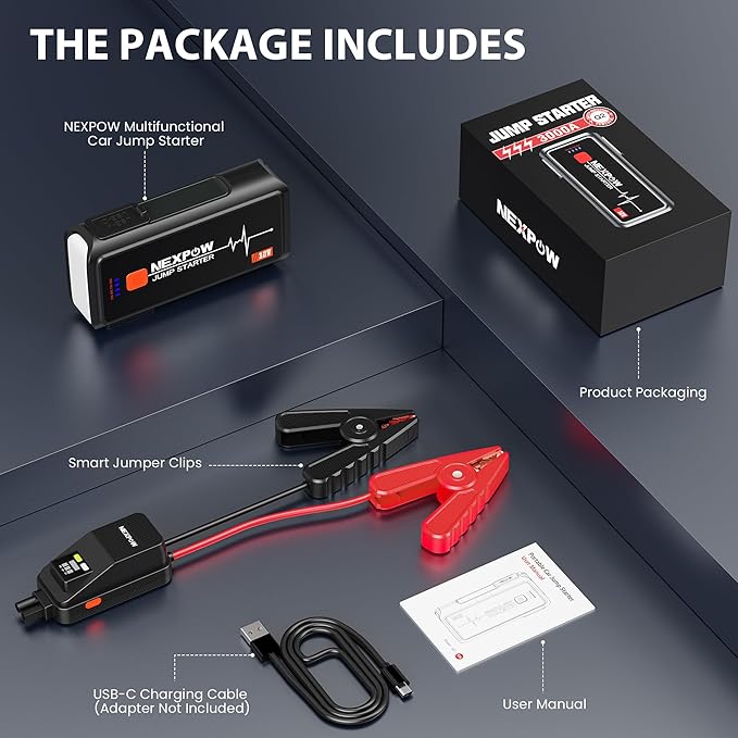 Car Jump Starter 3000A, NEXPOW 12V Battery Jumper Start Pack Kit for Up to 9.0L Gas & 7.0L Diesel Engines, Portable Jump Box with Jumper Cables, USB Quick Charge, LED Flashlight for Car, Motorcycle