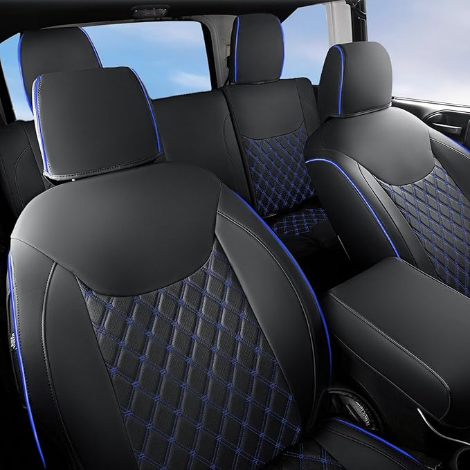 GIANT PANDA Customized Full Set Car Seat Covers for Jeep Wrangler 4 Door JK Sahara Sport Rubicon Unlimited Willys Wheeler Altitude 2013 2014 2015 2016 2017, Faux Leather - (Black+Blue)