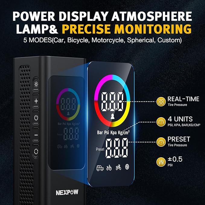 NEXPOW 150 PSI Tire Inflator Portable Air Compressor, 12000mAh Battery Auto Shut-Off Air Pump for Car Tires, Fast Inflation Dual LCD Display Tire Pump, Pocket Air Pump for Bike, Motorcycle, Ball, Car