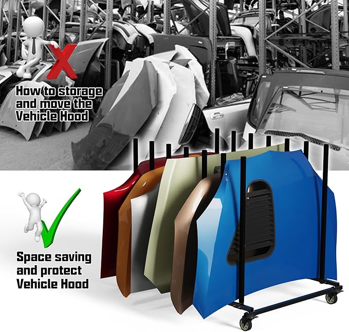 Vehicle Hood Storage Cart, 6 Hood Storage Rack with Dedicated Area for Each Hood Maximize Space Utilization 4 Inch Swivel Caster Allow Floor Mobile Vehicle Hood Storage Cart Smooth Maneuverability