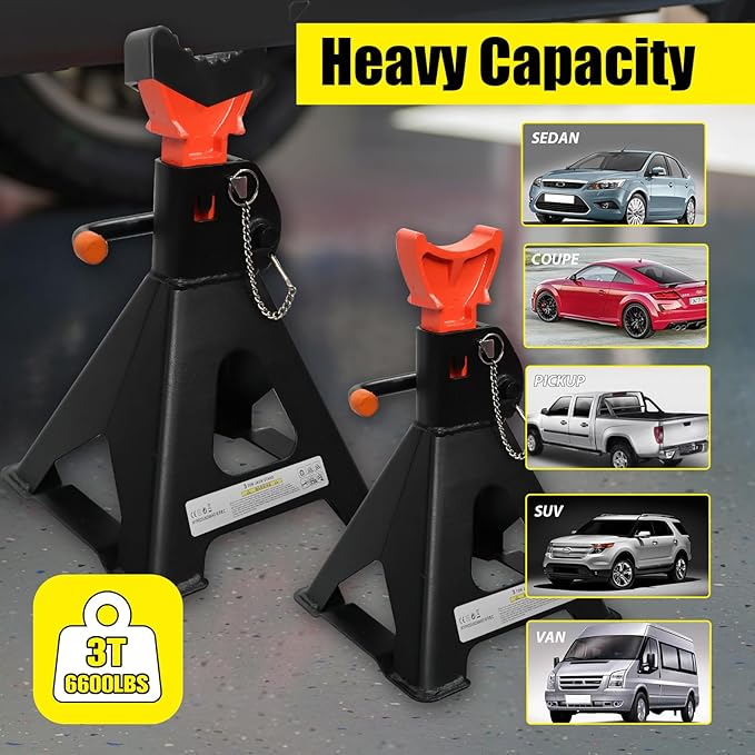 Upgraded Jack Stands 3 Ton (6,600 LBs) with 2 Crossbars and Double Pin Locking,Safe and Stable,Jack Stands 11.61"-16.34" Adjustable with Rubber Pads for Trucks,Home,Garage, SUV, Car,UTV/ATV,1 Pair