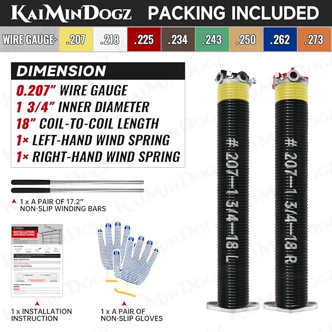 Pair of 1.75" Garage Door Torsion Springs Set with Non-Slip Winding Bars&Gloves, High Precision Electrophoresis Oil-Free Black Coated for Replacement, MIN 16,000 Cycles (0.207 x 1.75"x 18")