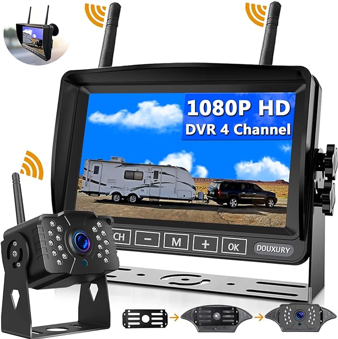 Wireless RV Backup Camera, DOUXURY IP69 Waterproof 170° Wide View Angle HD 1080P Rear View Camera + HD LCD 7" Monitor, Digital Wireless Camera System for RV Truck 5th Wheel Trailer Pickup Camper Bus