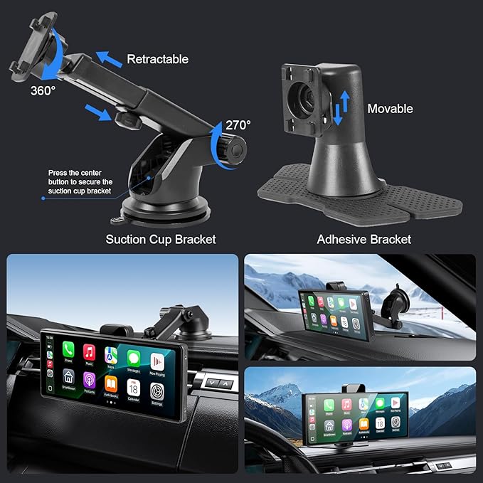 10.26" HD Wireless Android & Carplay Screen for Car, Portable Touchscreen Car Stereo with 4K Dash Cam, 1080P Backup Camera, Bluetooth, AUX/FM, Siri, Mirror Link, GPS Navigation