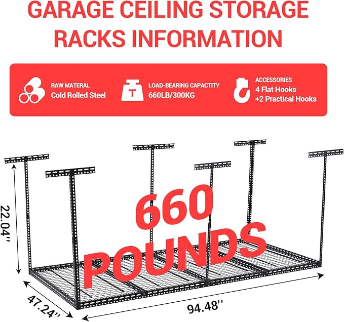 Overhead Garage Storage Rack, Heavy Duty Ceiling Storage Racks for Garage, Adjustable Height, 660LBS Weight Loading,4x8 FT Hanging Organizer Shelving for Warehouse Basement, Black