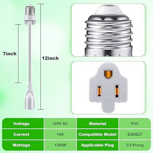 Feekoon 1 Pack 3 Outlet Light Socket Adapter, Convert E26/E27 Bulb Socket to 3 Prong Outlet with Extension Cord, Light Bulb Plug Adapter Converter Suitable for Outdoor Porch Garage Patio Use (White)