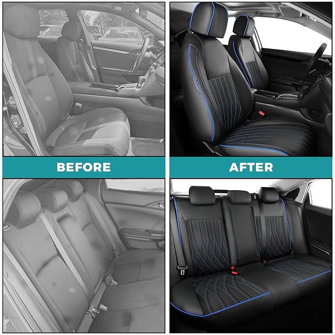 Seat Covers for Honda Civic Sedan LX 2016 2017 2018 2019 2020 2021, Faux Leather Car Seats Cover Full Set (Rear Row Solid & No Folding Backrest)-BlackBlue