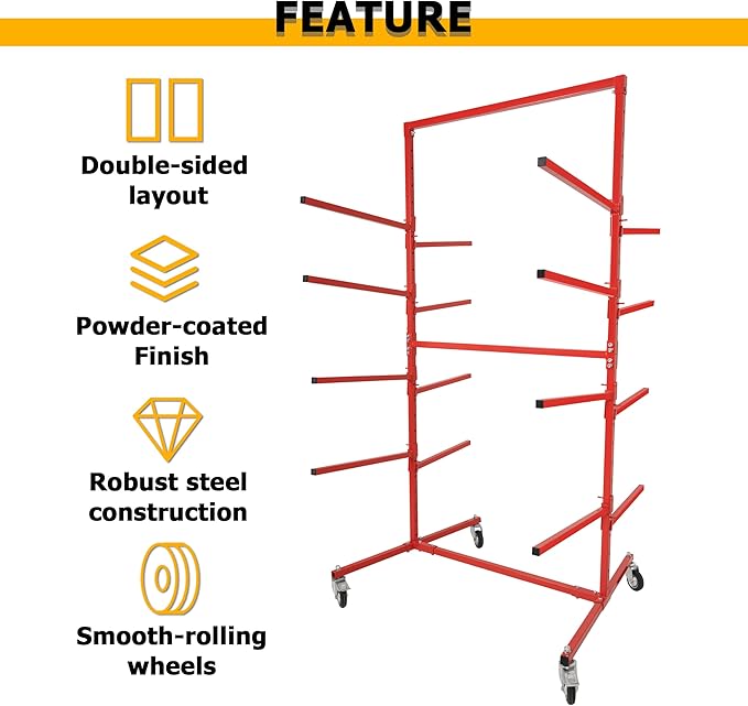 KUAFU Mobile Bumper Storage Rack w/Adjustable Shelving Auto Body Parts Management Storage Rack Standing Shelf Red Double-Sided