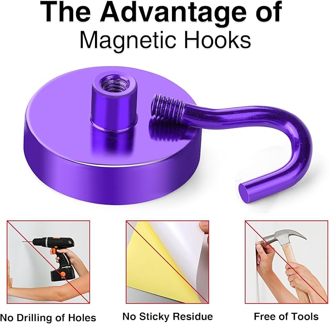 MIKEDE Magnetic Hooks,150LB Heavy Duty Magnets with Hook for Fridge, Strong Magnets Neodymium Industrial Hooks for Hanging, Magnetic Hanger for Toolbox, Cruise(Purple, 10 Pack)