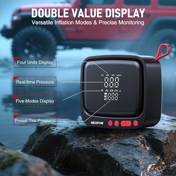 NEXPOW Tire Inflator Portable Air Compressor, 180 PSI Cordless Air Pump for Car Tires with Dual Digital Pressure Gauge & Auto Shut-Off, Portable Tire Pump for Car, Motorcycle, Bicycle, Ball and More