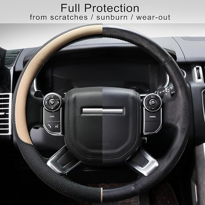 COFIT Breathable Car Steering Wheel Cover 16 inch Auto Universal Leather Wrap Non-Slip Steeringwheel Protector Automotive Interior Accessories, Beige (Suit for 15.5-16 inch)