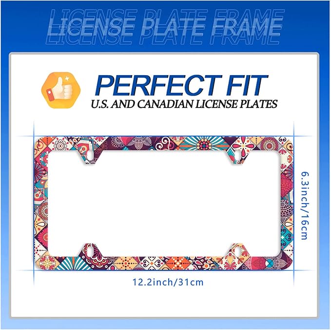 Stitching Tile Boho Pattern License Plate Frame Stainless Steel Parts Colorful License Plate Decorative with Screws Size 12.3" x 6.3" Women