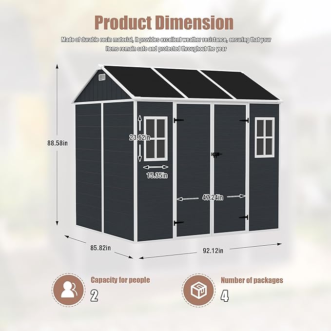 MyVoice 8x7 FT Outdoor Resin Storage Shed with HD Window, Rustproof Waterproof Garden Tool Shed, 12mm Thickened PP Panels, Large Capacity Outdoor Utility House for Backyard Patio (with Floor)