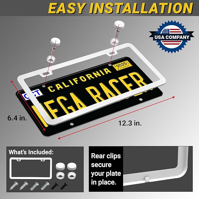 Premium Slim Sleek White License Plate Frame – 1 Pack, Rust-Free & Rattle-Free Stainless Steel, Street Legal, Universal with Screw Covers, Thin Edged Metal Front or Rear Car Tag Holder for Men & Women