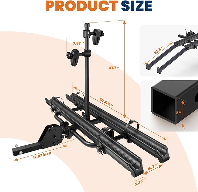 Aluminum 2 EBikes Foldable 2'' Hitch Mounted Carrier Racks w/Ramps Over 200lbs Capacity for 3.35 inch Fat Tire Heavy Duty Universal E-Bike Racks for SUVs Cars Trucks RV 2-Inch Receiver