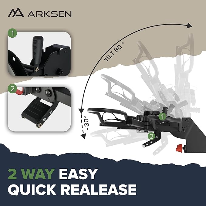 Arksen 2" Hitch Mounted Foldable Rack Quick Release Handle Smart Tilting 2-Bike Platform Style Carrier for Standard, Fat Tire, and Electric Bicycles -160 lbs Heavy Weight Capacity