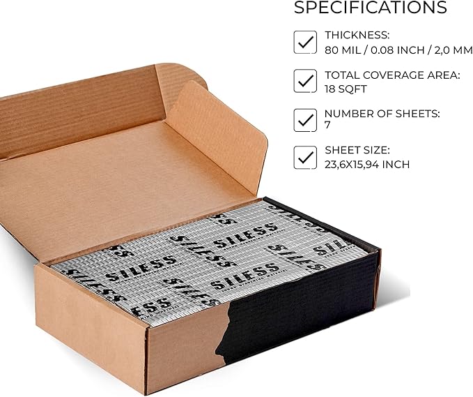 Siless 80 mil (2mm) 18 sqft (1.7 sqm) Car Sound Deadening mat - Butyl Automotive Sound Deadener - Noise Insulation and Vibration Dampening Material (18 sqft)