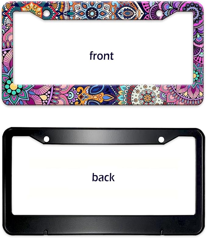 Mandala License Plate Frame, Boho Floral License Plate Holder, Flower Car Tag Holder Metal Aluminum Rustproof Car Accessories for Women Men 2 Holes with Screw Caps