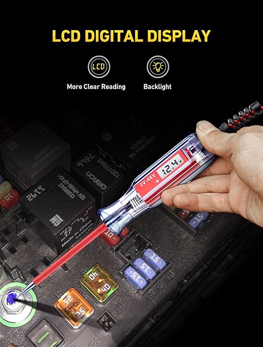 Heavy Duty 3-48V Automotive Circuit Tester with Backlit Digital LCD Voltage Display, DC Test Light with 140 Inch Extended Spring Wire, Car Truck Battery Tester with Stainless Probe