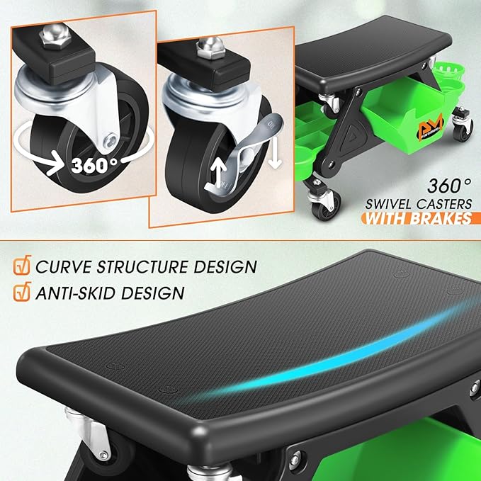 PM PERFORMOTOR Mechanic Stool - 25-1/2" x 13" x 12" (L x H x W), Rolling Work Seat w/Lockable Swivel Wheels and Storage Tool Tray, Green,PM-TOL-CRS-GR