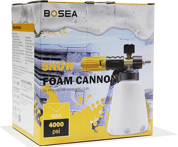 BOSEA Foam Cannon for Pressure Washer, Wide Neck Heavy Duty 4000PSI Adjustable Car Soap Dispenser for Pressure Washer with M22 and 1/4" Quick Connector, 1L Bottle