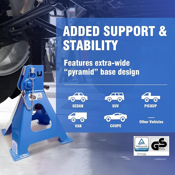 Car Jack Stands 3 Ton with Double Locking and Large Foot Base for Lifting Cars,SUVS,MPVS, Heavy Duty Steel, 6600 lb Capacity, 1 Pair, Blue