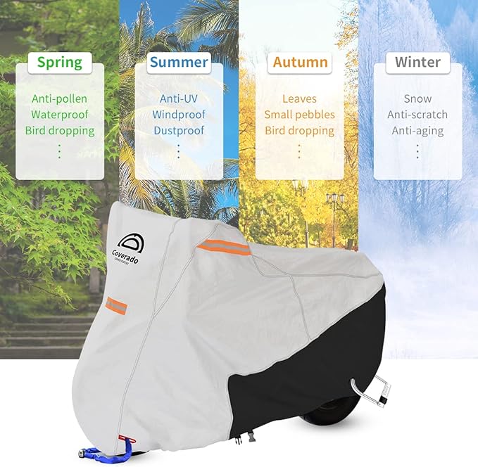 Coverado Motorcycle Cover Waterproof, All Weather Protection Outdoor Full Motorcycle Covers - UV Proof with Flame Retardant Fabric Fit for Harley Davidsion Yamaha Honda Suzuki (up to 111" Motors)