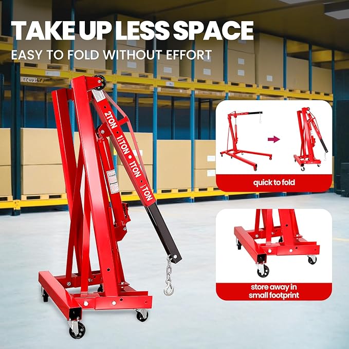 2 Ton Engine Hoist, Folding Hydraulic Cherry Picker Engine Hoist, 60.6x37x56.2 Inch Alloy Steel Hydraulic Lift with Lever, 6 Swivel Wheels and Engine Leveler, Garage Auto Repair Tools (Red)